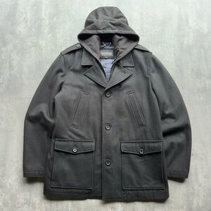 GUESS Mens Hooded Wool Blend Coat Black Large Quilted Lined Peacoat Style